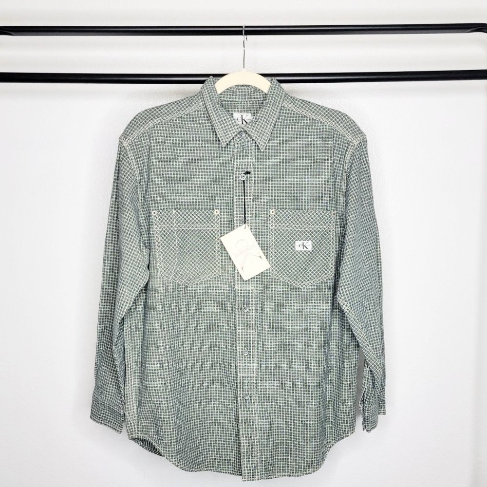 Calvin Klein Jeans NWT Vintage 80s-90s Green Micro Plaid L/S Button Up Shirt